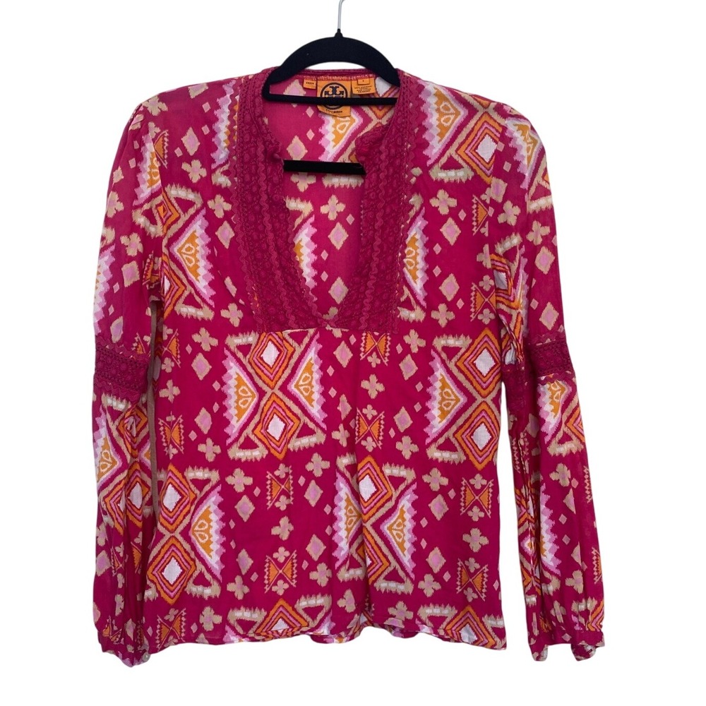 Tory Burch Pink Top Crochet Trim Cotton Ikat Geometric Festival WomensSize 6